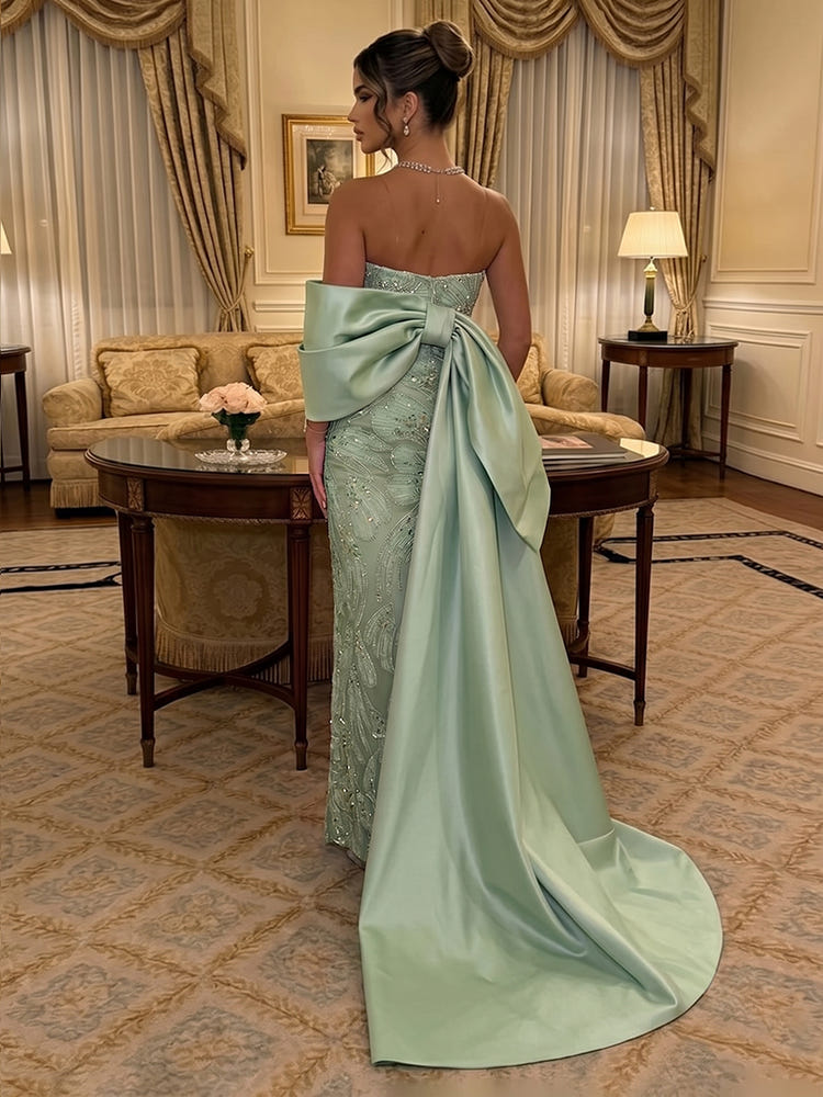 Strapless Satin Mermaid Evening Dresses with Bow