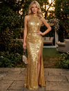 Halter Sequin Mermaid Evening Dresses with Slit