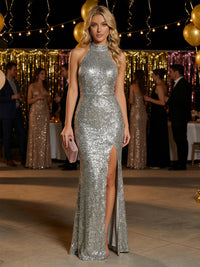Halter Sequin Mermaid Evening Dresses with Slit