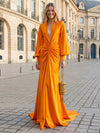 Satin Mermaid V Neck Pleated Evening Dresses