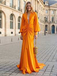 Satin Mermaid V Neck Pleated Evening Dresses