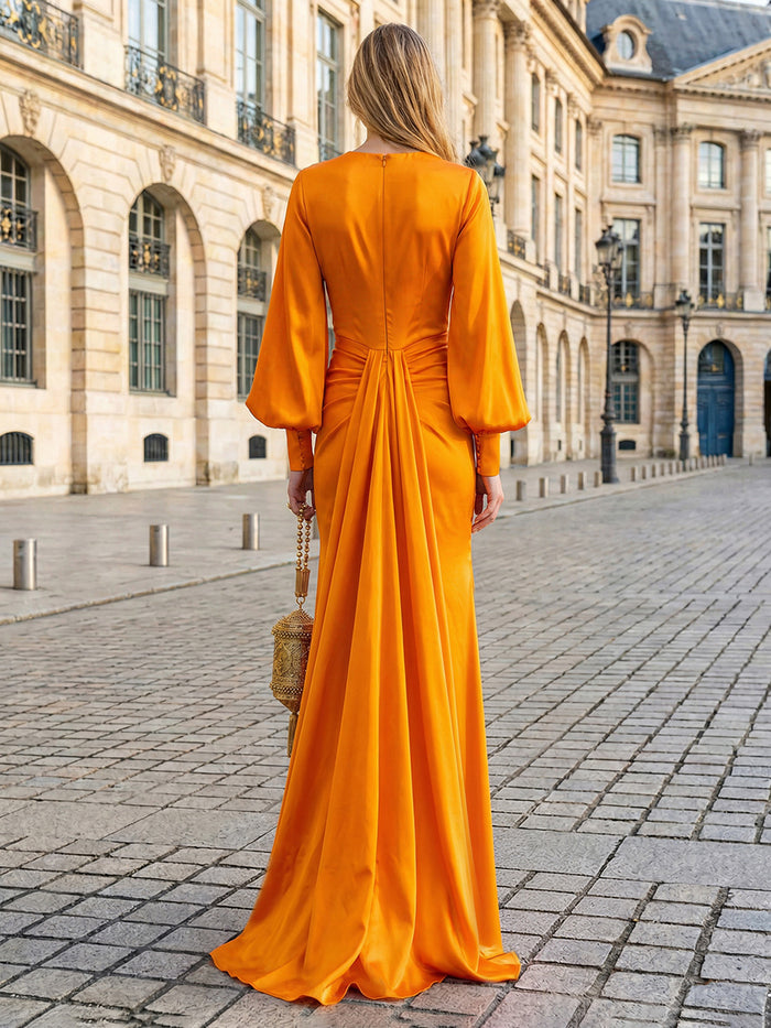 Satin Mermaid V Neck Pleated Evening Dresses