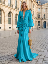 Satin Mermaid V Neck Pleated Evening Dresses
