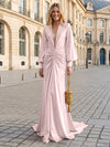 Satin Mermaid V Neck Pleated Evening Dresses