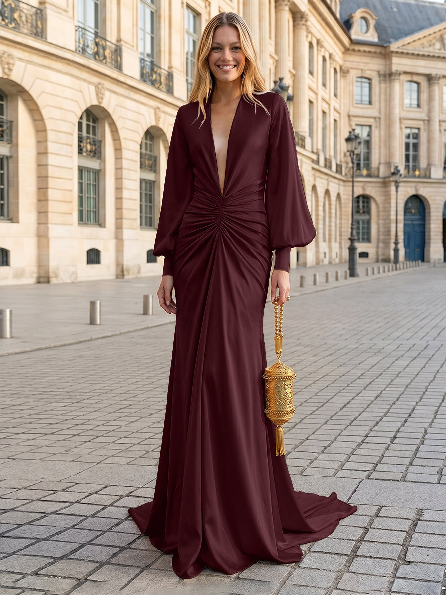 Satin Mermaid V Neck Pleated Evening Dresses