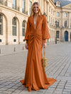 Satin Mermaid V Neck Pleated Evening Dresses