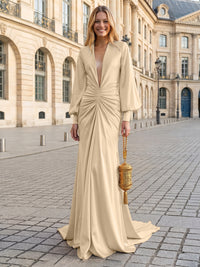 Satin Mermaid V Neck Pleated Evening Dresses