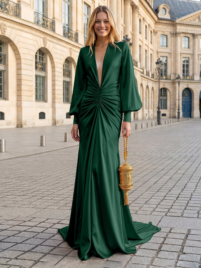 Satin Mermaid V Neck Pleated Evening Dresses