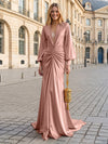 Satin Mermaid V Neck Pleated Evening Dresses