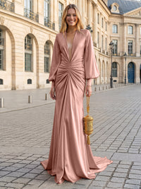 Satin Mermaid V Neck Pleated Evening Dresses
