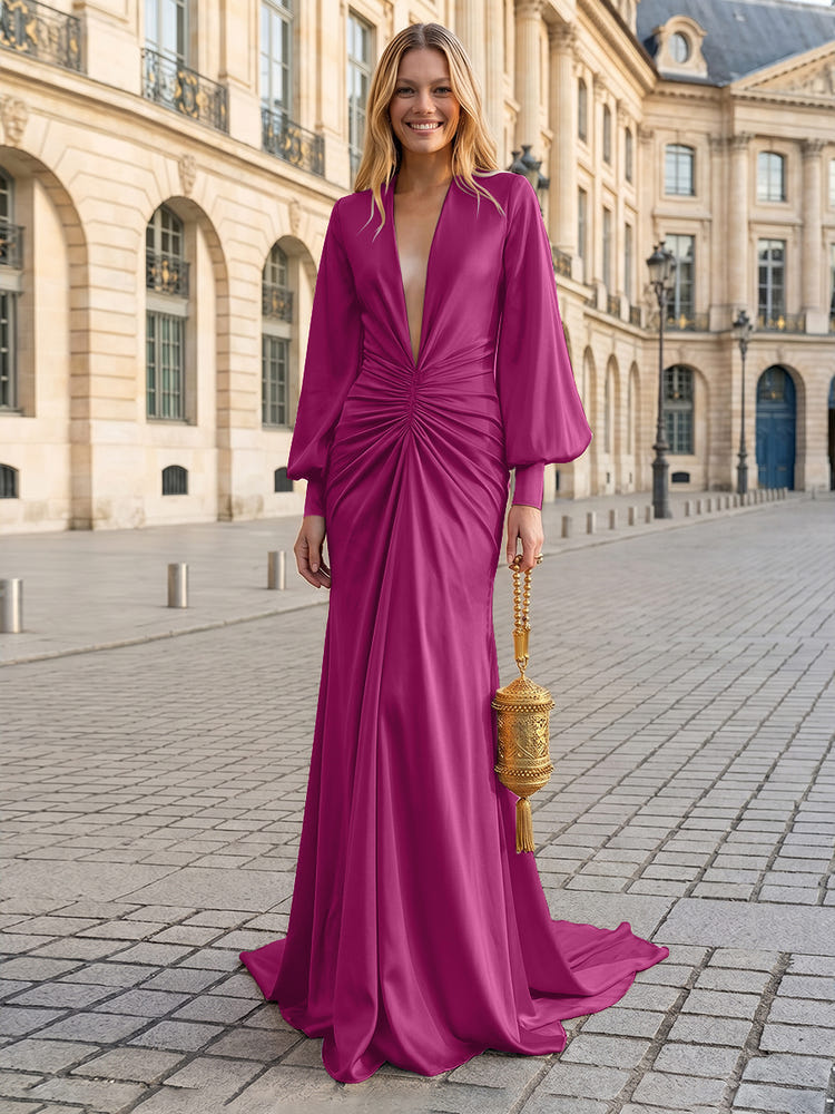 Satin Mermaid V Neck Pleated Evening Dresses