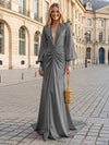 Satin Mermaid V Neck Pleated Evening Dresses