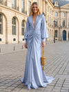Satin Mermaid V Neck Pleated Evening Dresses
