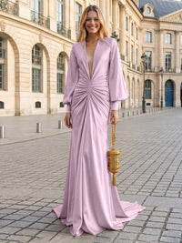 Satin Mermaid V Neck Pleated Evening Dresses
