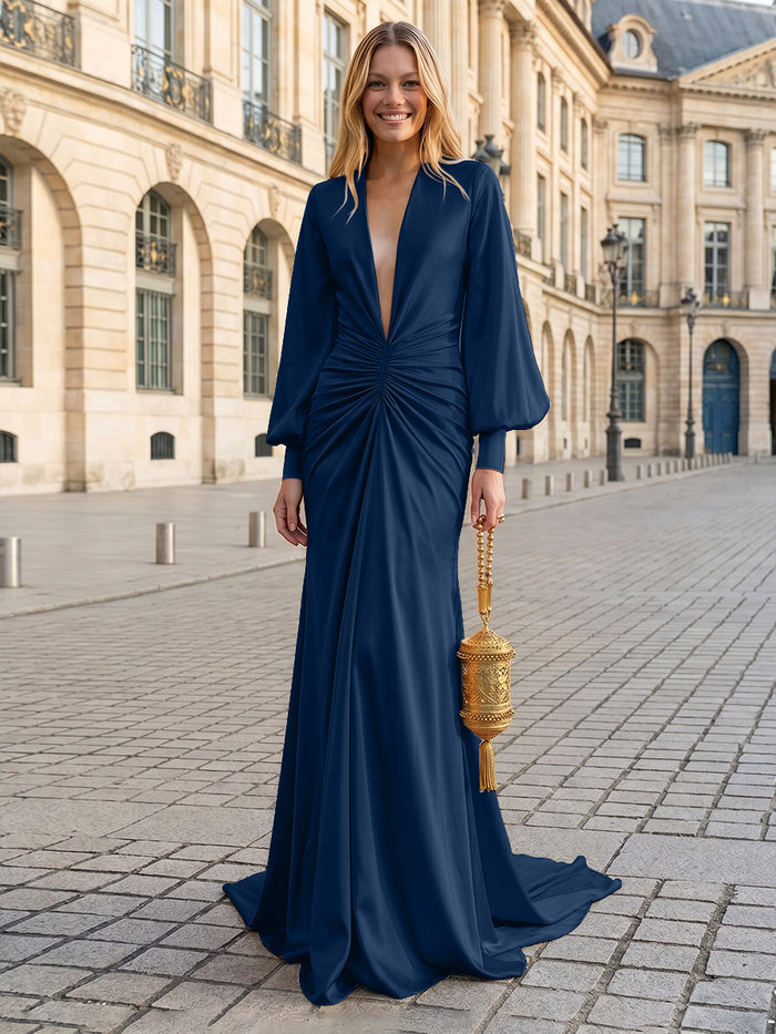 Satin Mermaid V Neck Pleated Evening Dresses