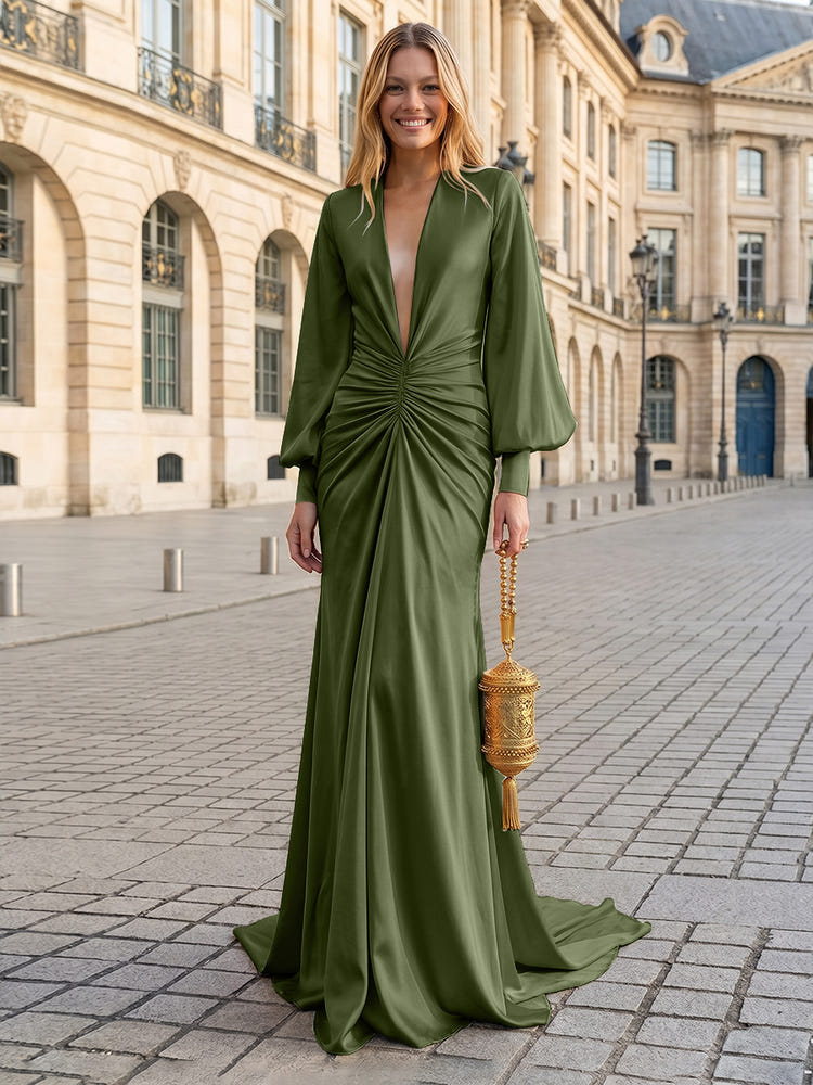 Satin Mermaid V Neck Pleated Evening Dresses