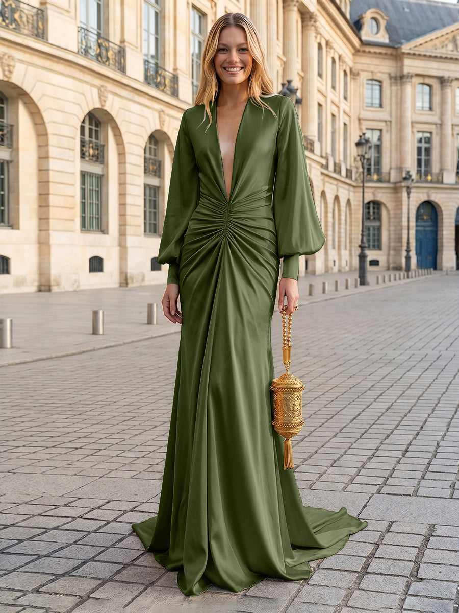 Satin Mermaid V Neck Pleated Evening Dresses