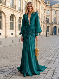 Satin Mermaid V Neck Pleated Evening Dresses
