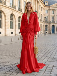 Satin Mermaid V Neck Pleated Evening Dresses
