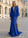 Satin Mermaid V Neck Pleated Evening Dresses