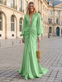 Satin Mermaid V Neck Pleated Evening Dresses