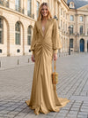 Satin Mermaid V Neck Pleated Evening Dresses