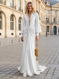Satin Mermaid V Neck Pleated Evening Dresses