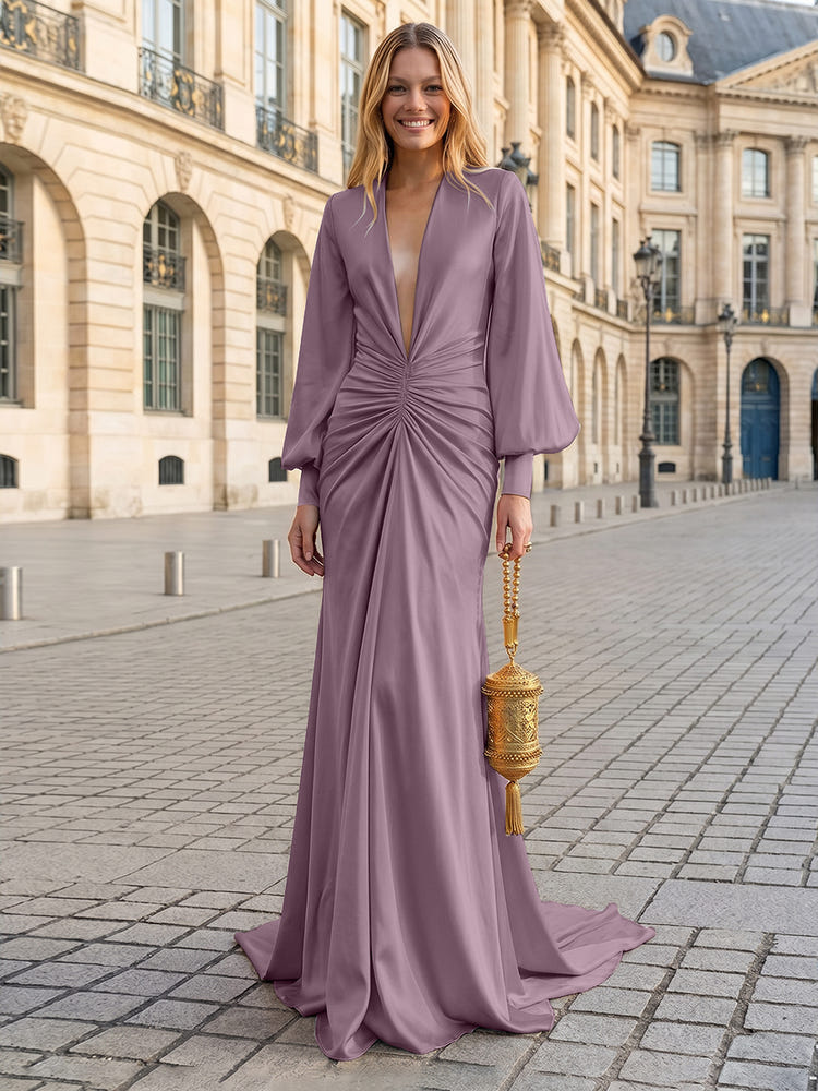 Satin Mermaid V Neck Pleated Evening Dresses