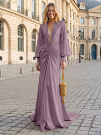 Satin Mermaid V Neck Pleated Evening Dresses