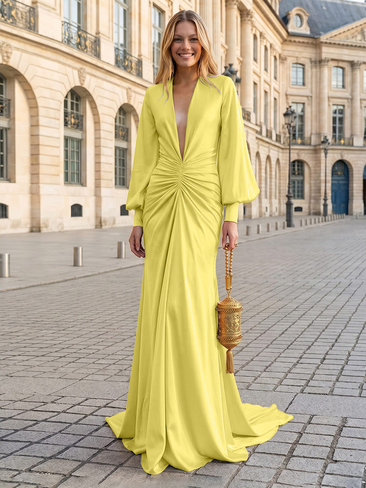Satin Mermaid V Neck Pleated Evening Dresses