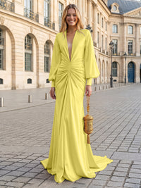 Satin Mermaid V Neck Pleated Evening Dresses