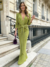 Deep V Neck Mermaid Pleated Formal Dresses with Long Sleeves