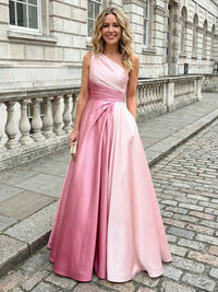 Satin A-Line One Shoulder Colour Gradient Evening Dresses