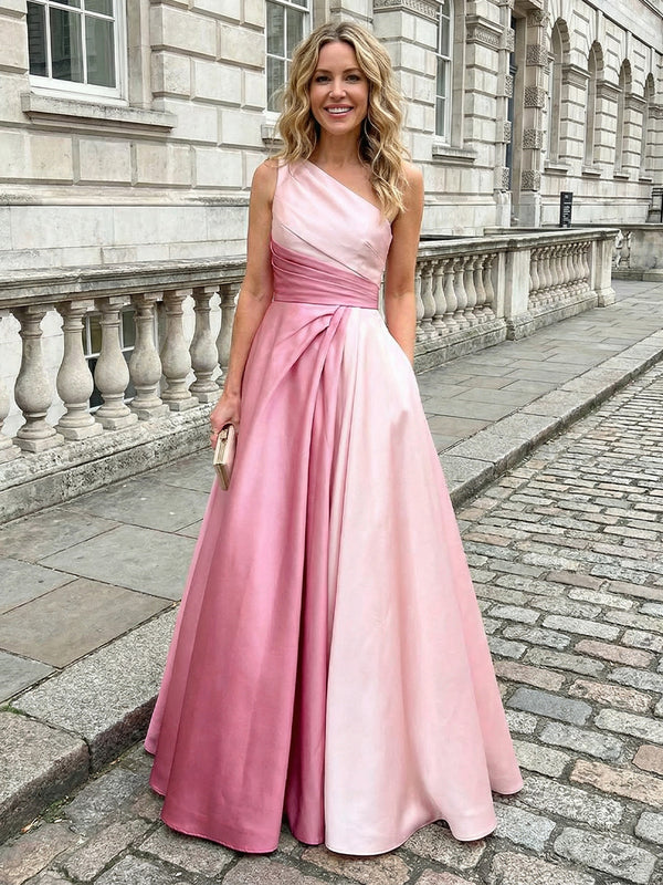 Satin A-Line One Shoulder Colour Gradient Evening Dresses