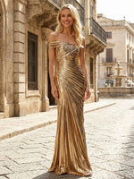 Metallic Satin Mermaid Off the Shoulder Pleated Evening Dresses