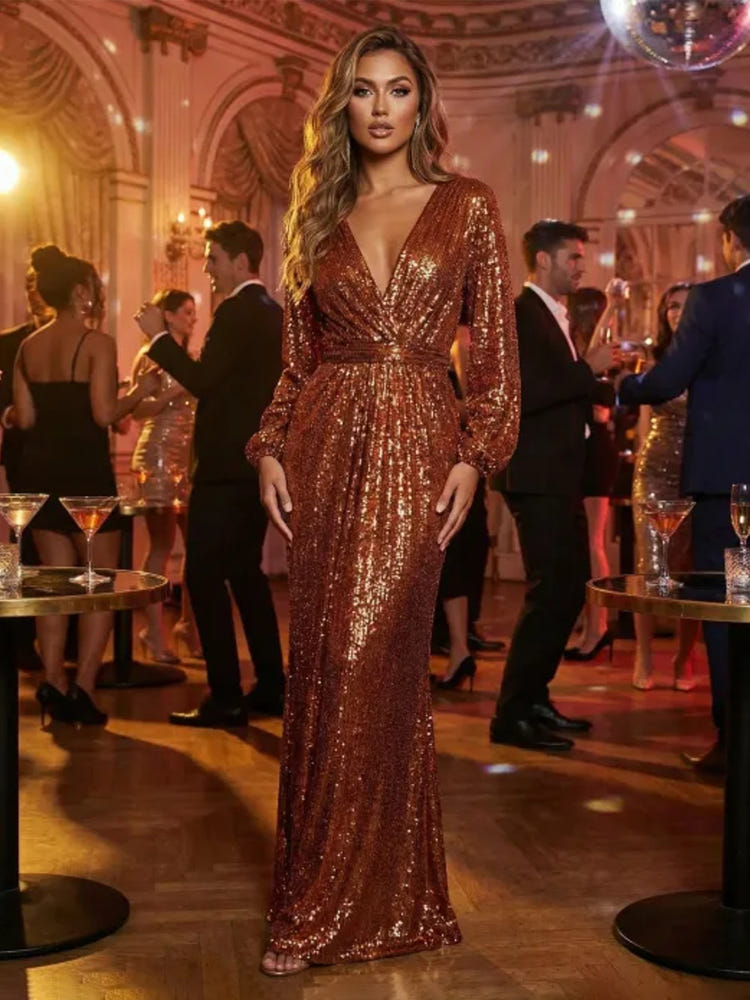 Sequin Mermaid V Neck Pleated Evening Dresses