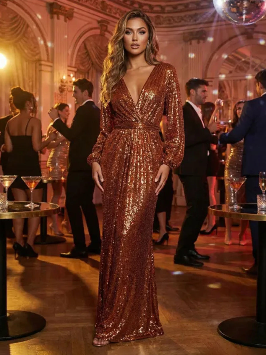 Sequin Mermaid V Neck Pleated Evening Dresses