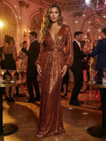 Sequin Mermaid V Neck Pleated Evening Dresses