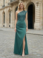 Satin Sheath One Shoulder Side Slit Evening Dresses
