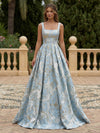Satin Jacquard A-Line Square Neck Pleated Evening Dresses