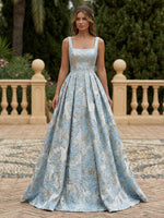 Satin Jacquard A-Line Square Neck Pleated Evening Dresses