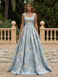 Satin Jacquard A-Line Square Neck Pleated Evening Dresses