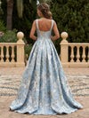 Satin Jacquard A-Line Square Neck Pleated Evening Dresses