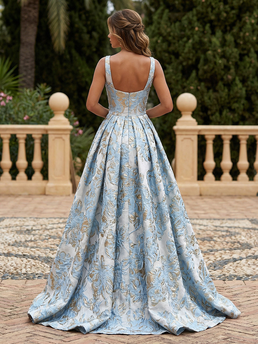 Satin Jacquard A-Line Square Neck Pleated Evening Dresses
