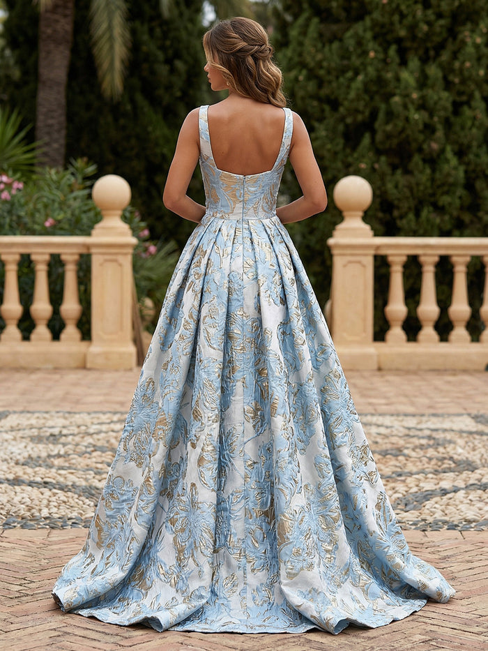 Satin Jacquard A-Line Square Neck Pleated Evening Dresses