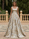 Satin Jacquard A-Line Square Neck Pleated Evening Dresses