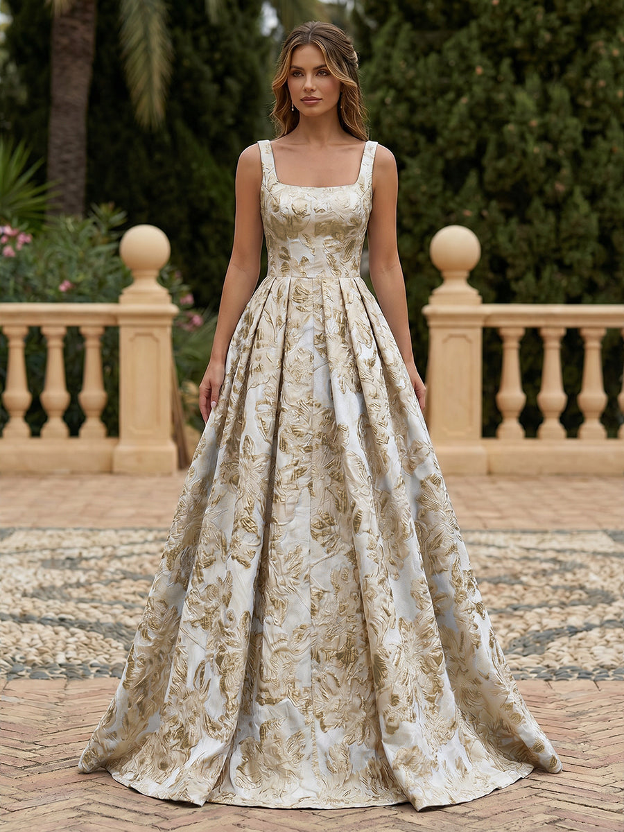 Satin Jacquard A-Line Square Neck Pleated Evening Dresses