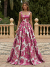 Satin Jacquard A-Line Square Neck Pleated Evening Dresses