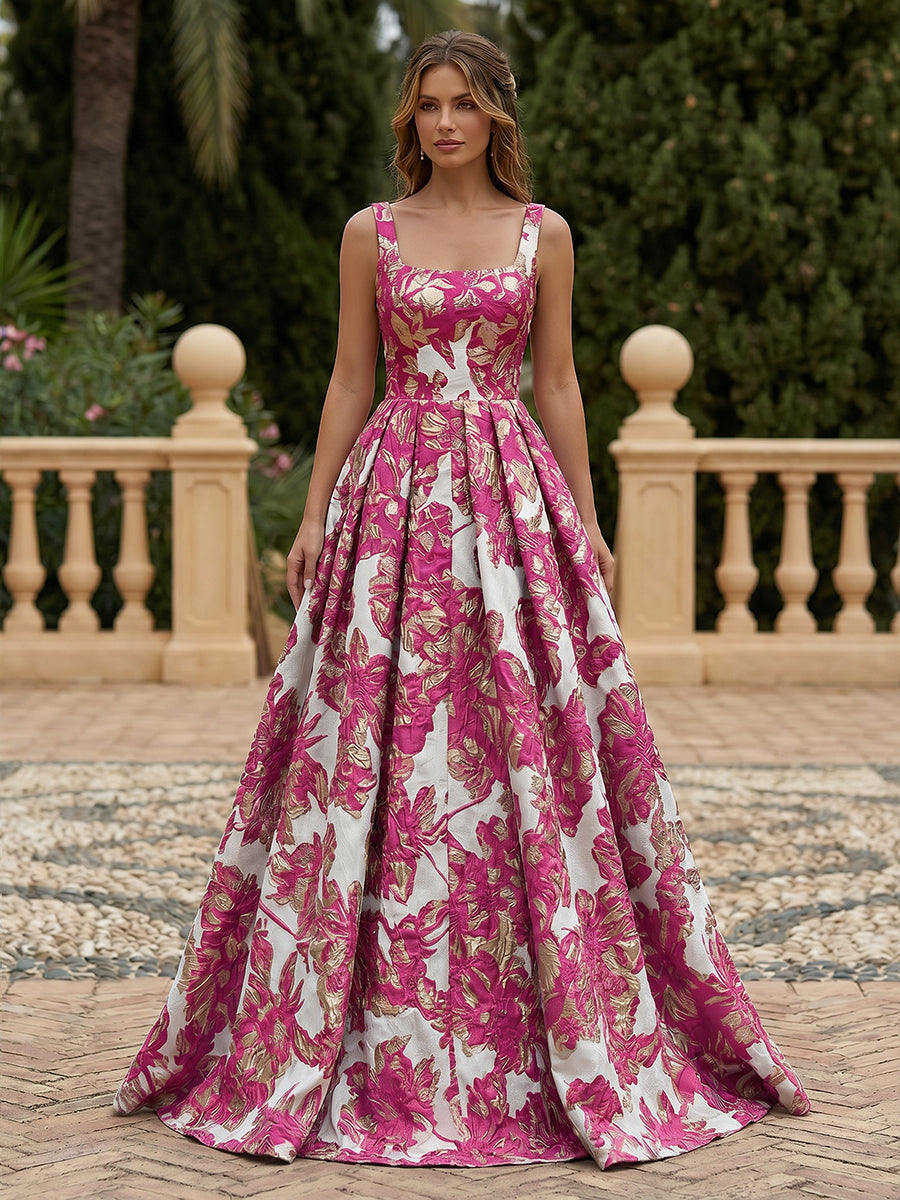 Satin Jacquard A-Line Square Neck Pleated Evening Dresses