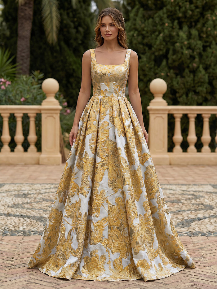 Satin Jacquard A-Line Square Neck Pleated Evening Dresses